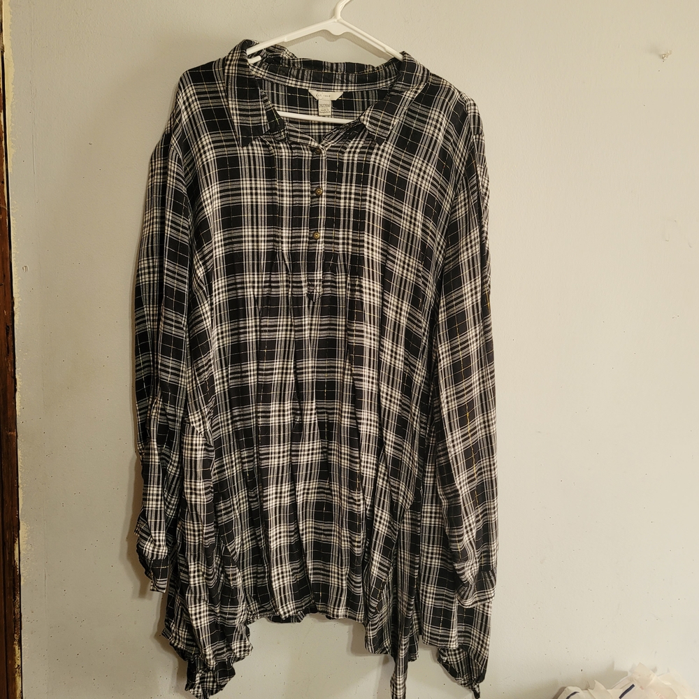 Cato‎ 26/28W Plaid Top Black White Gold Long Sleeves Shirt 4x 5x Office Casual